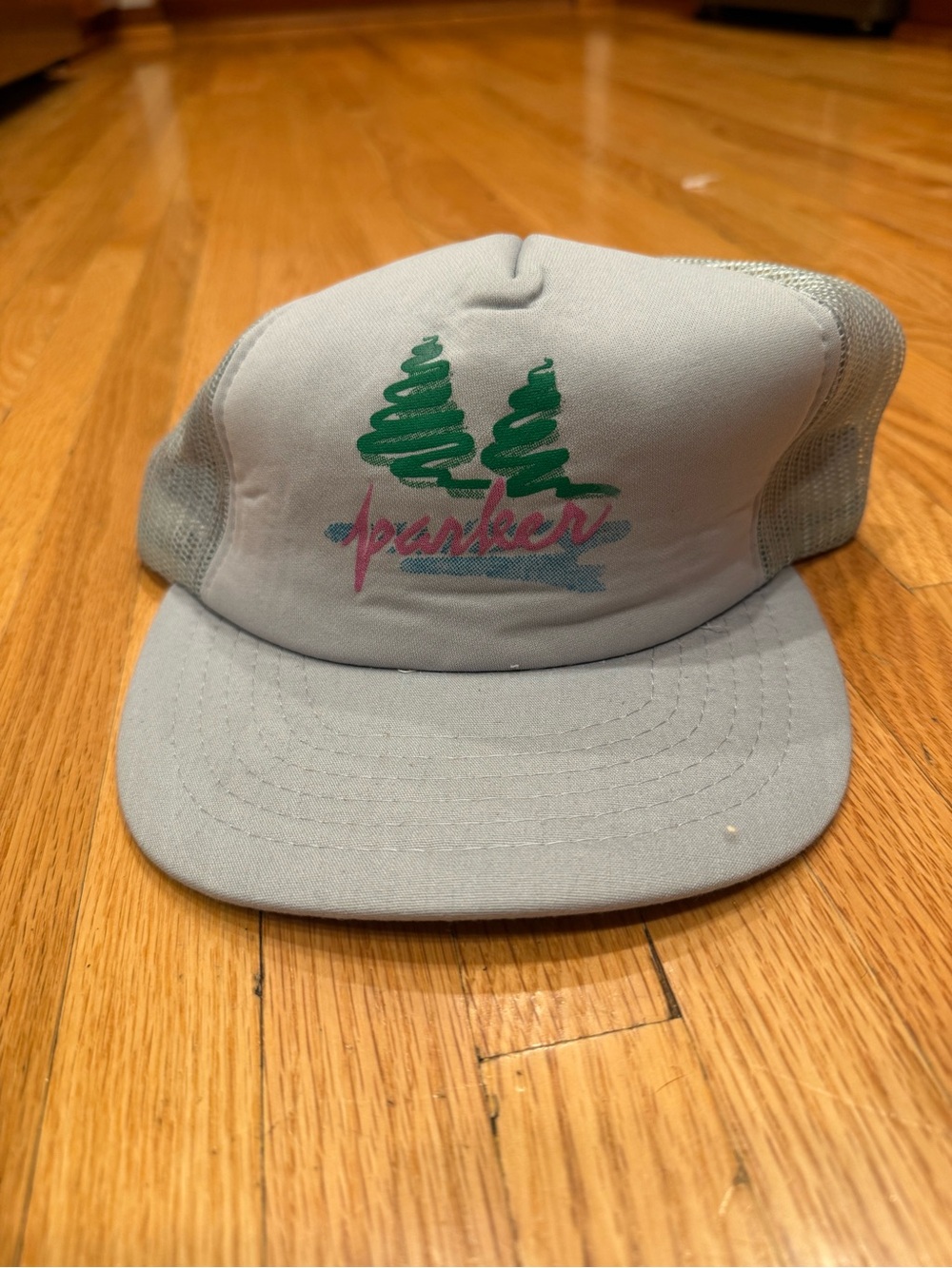 Parker Light Gray Trucker Hat with Green Tree Graphic and Pink Script